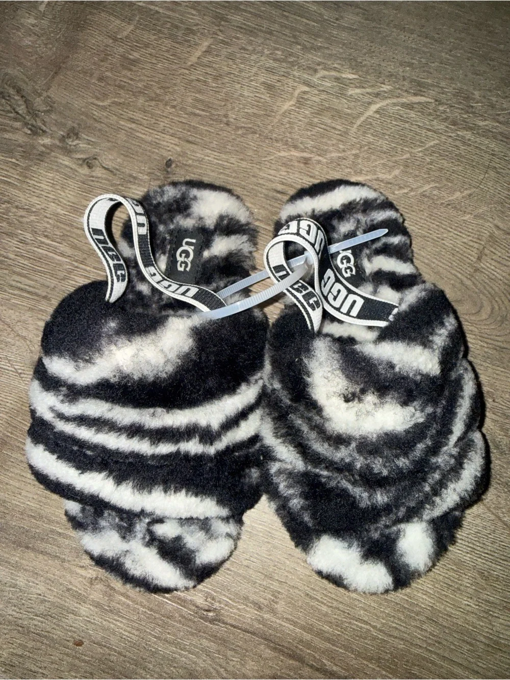 UGG Black & White Faux Fur Zebra Slides with Branded Strap